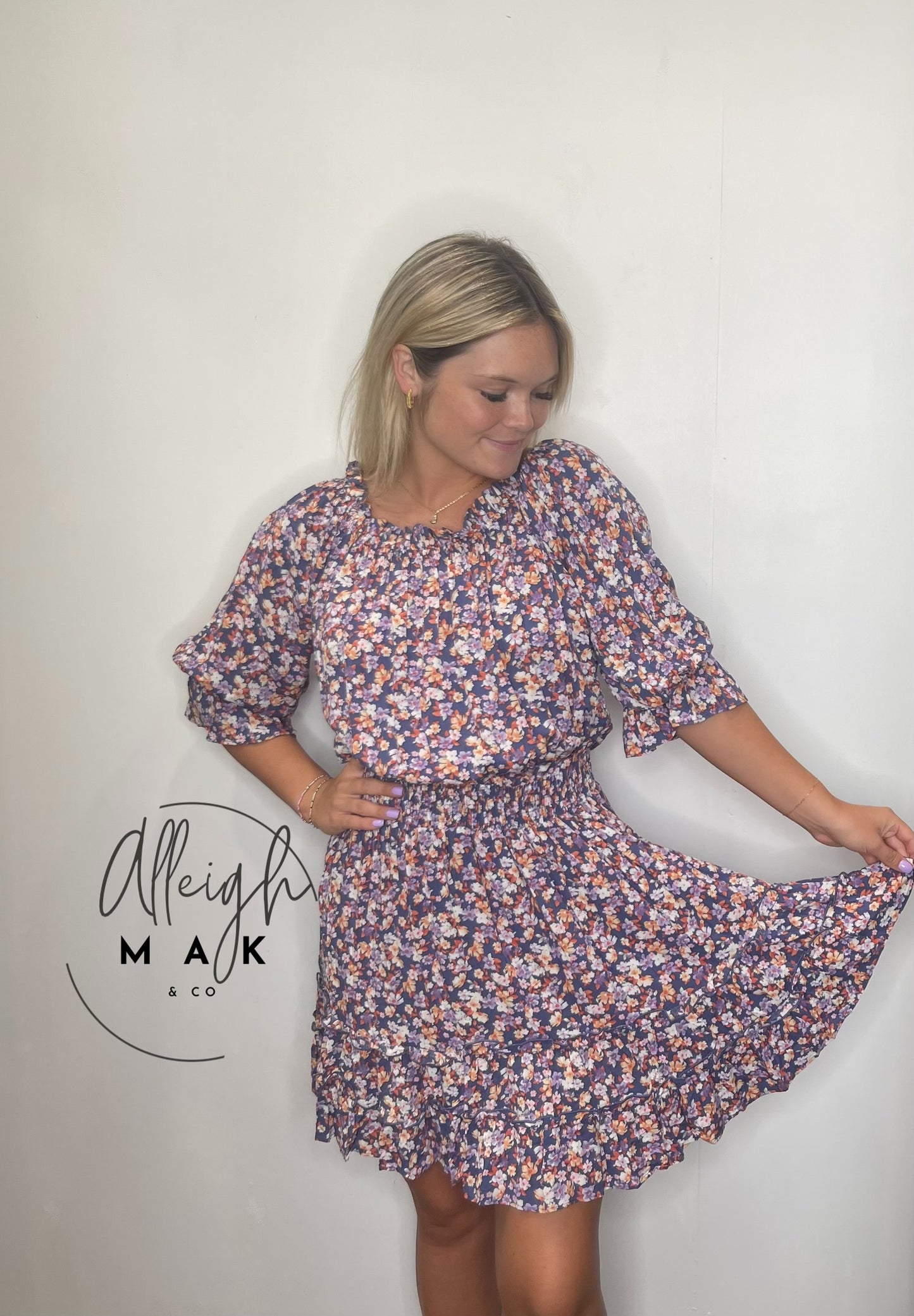 Blueberry Floral 3/4 Sleeve Midi Dress