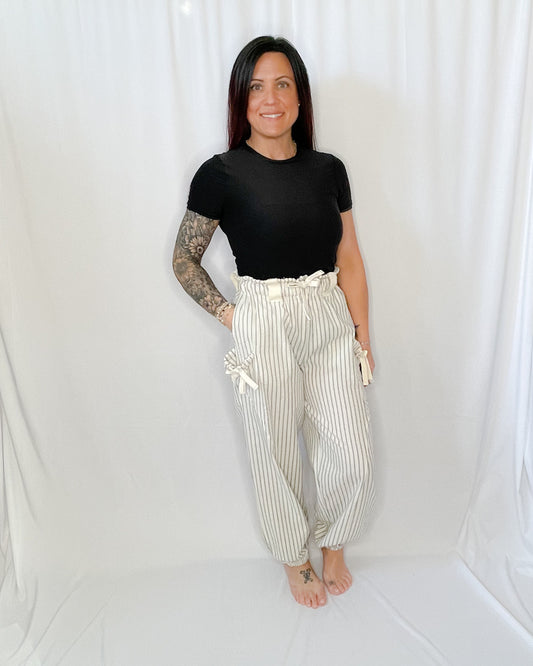Bow Detail Stripe Textured Woven Pants/2 Color Options