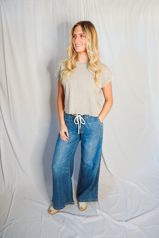 Washed Cotton Cuffed Short Sleeve Top