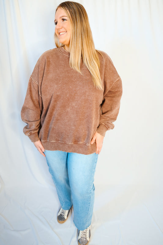 Plus Acid Wash Oversized Fleece Pullover - Brown