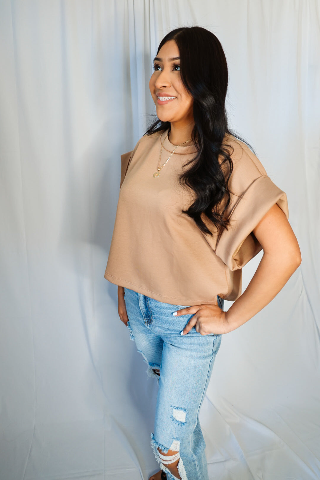 Solid Scuba Fold Wide Sleeves Top