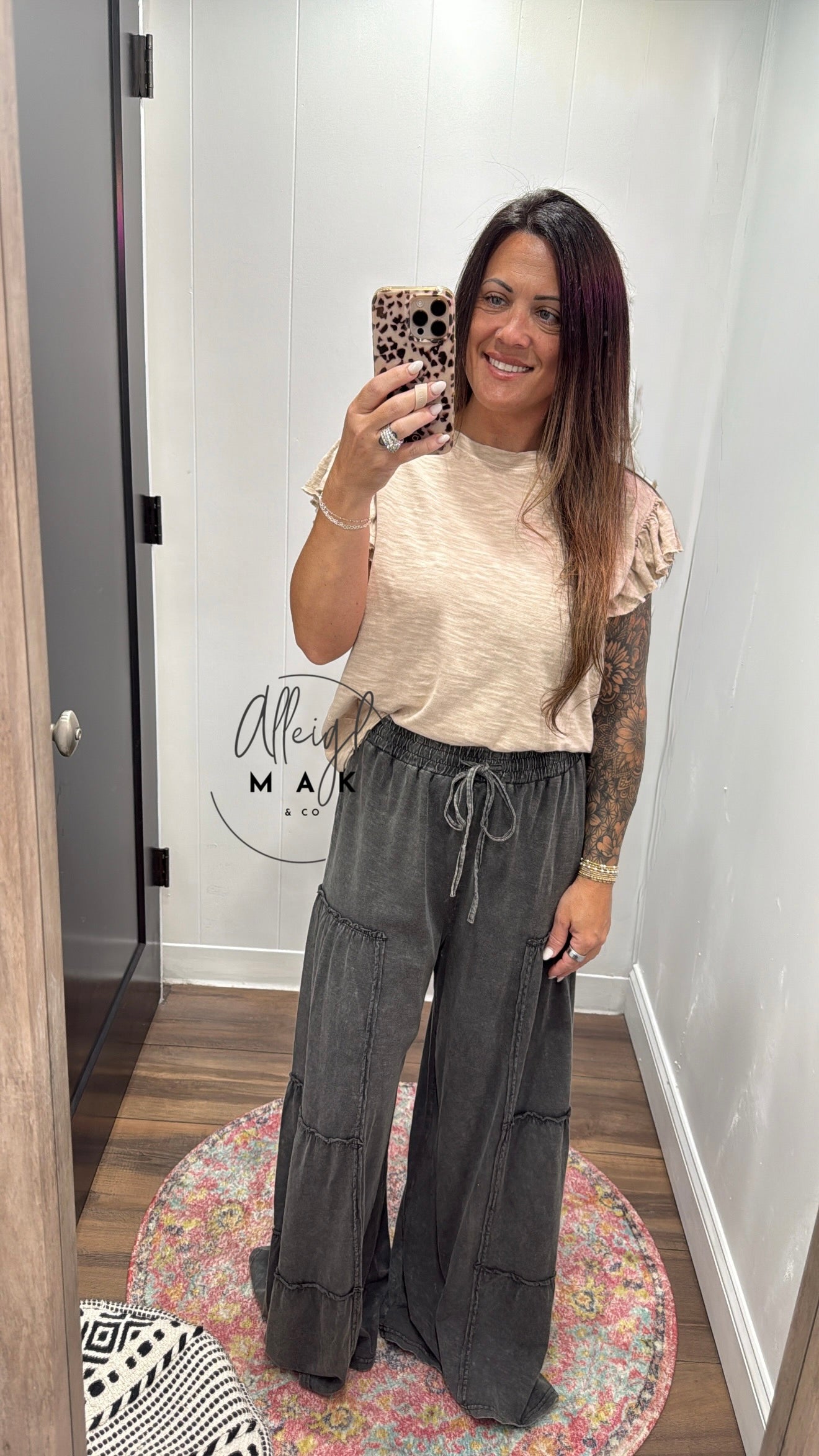 Smocked Waist Mineral Washed Tiered Pants