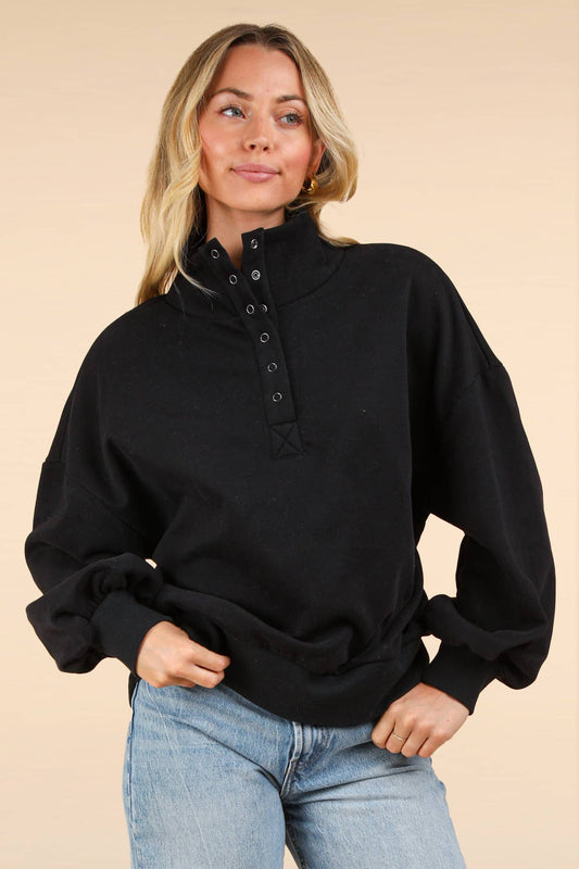 Balloon Sleeve Half Button Down Henley Knit Top