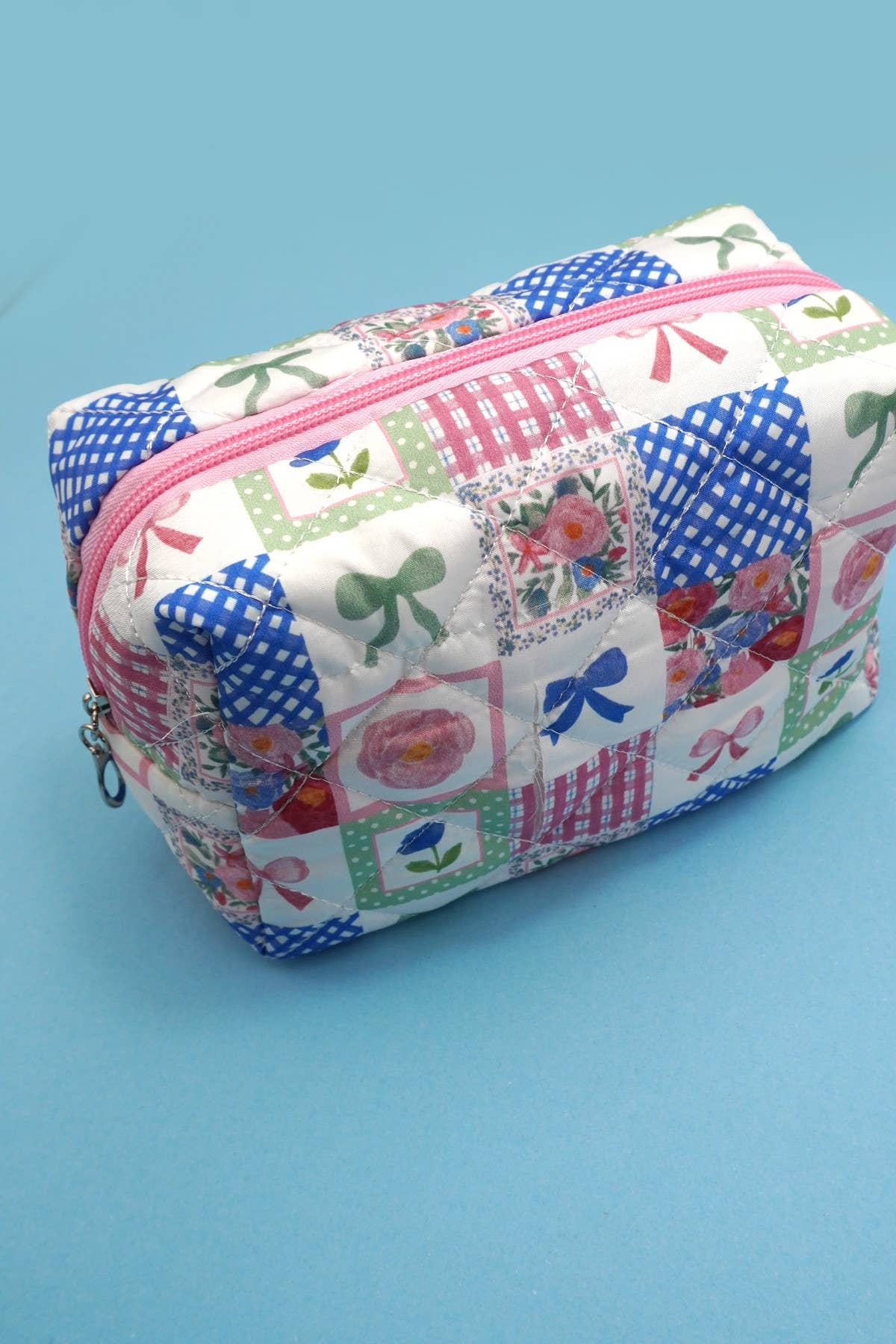 BOW QUILTED COTTON FLORAL COSMETIC POUCH BAG