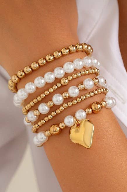 MULTILAYER BALL PEARL CHAIN BEAD HEART BRACELET