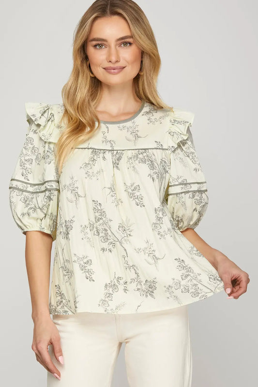 Puff Sleeve Contrast Piping Babydoll Top