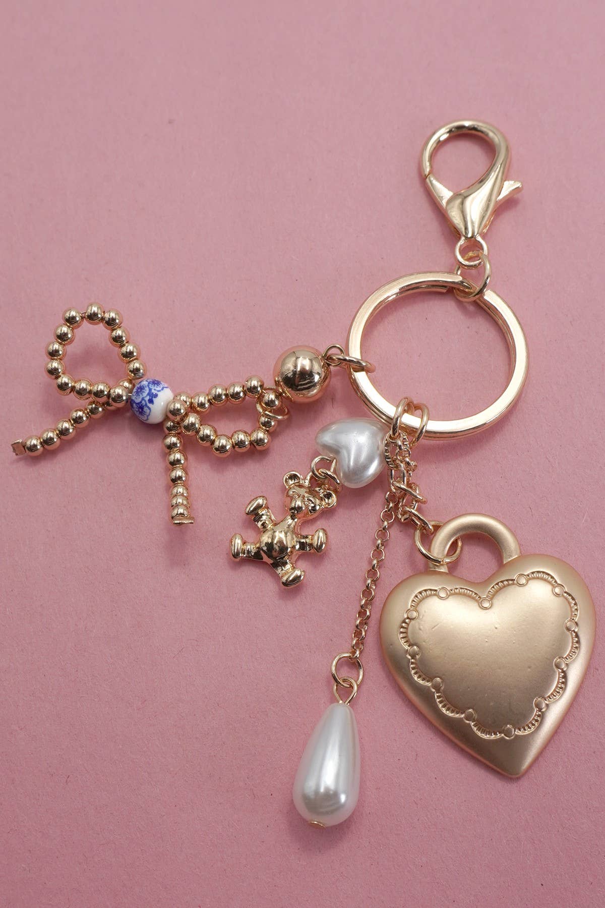 PORCELAIN BOW HEART TEDDY BEAR PEARL BAG CHARM