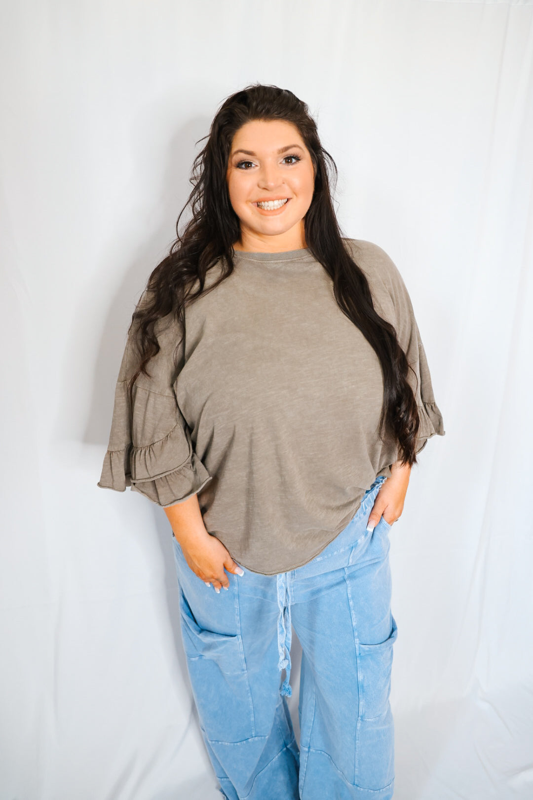 Ash Mocha Ruffle Wing Sleeves Mineral Washed Top