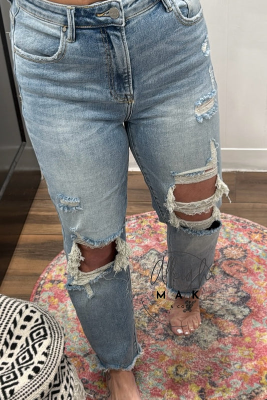High Rise Distressed Straight Jeans