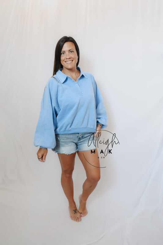 Acid Washed Fleece Button Up Collared Pullover