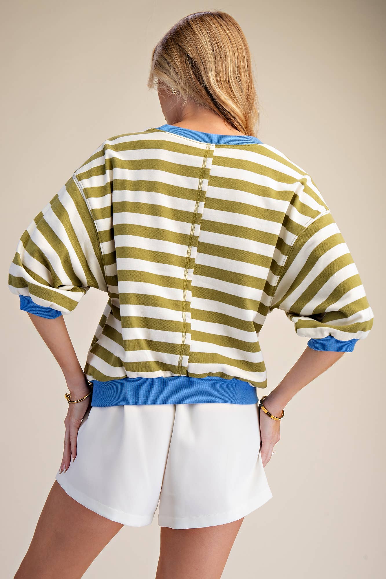 Olive Stripe Contrast Time Round Neck Bubble Sleeve Top