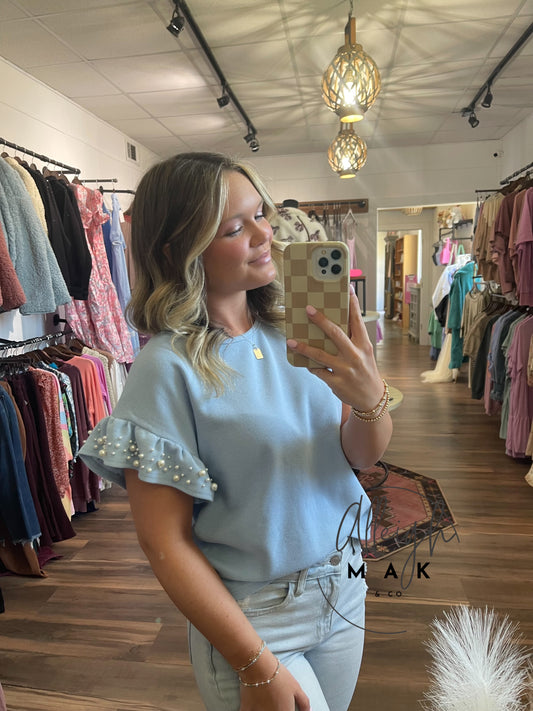 Light Blue Knit Top With Pearl Beaded Detail
