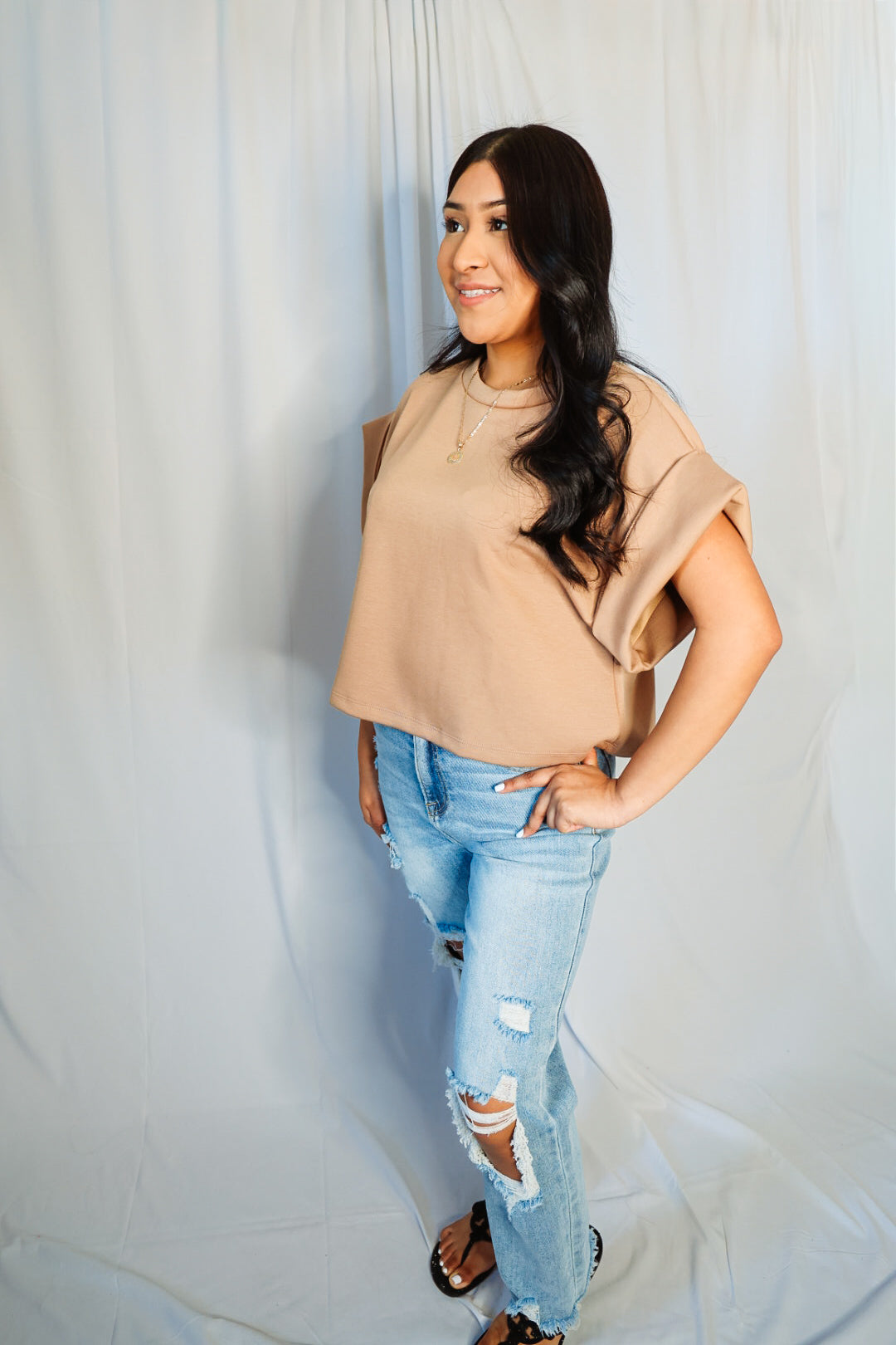 Solid Scuba Fold Wide Sleeves Top