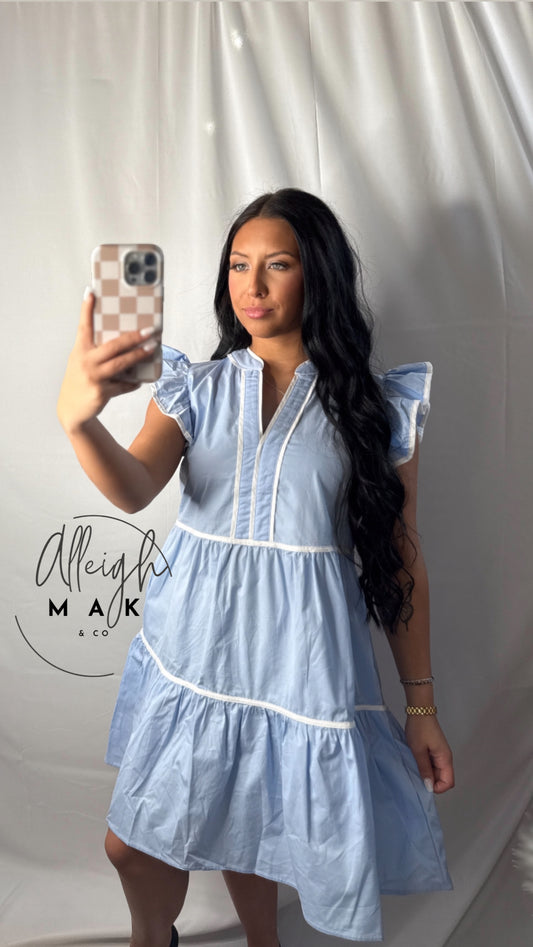 Ruffle Sleeve Tired Dress With Contrast Piping