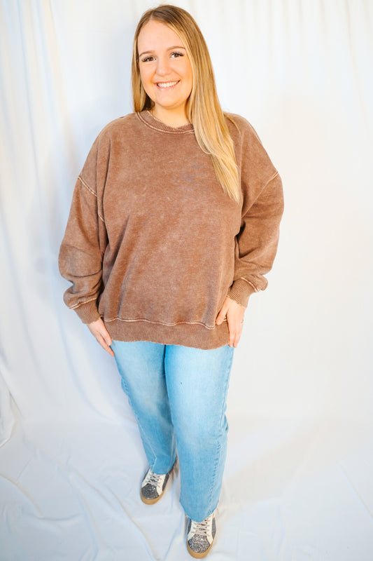 Plus Acid Wash Oversized Fleece Pullover - Brown