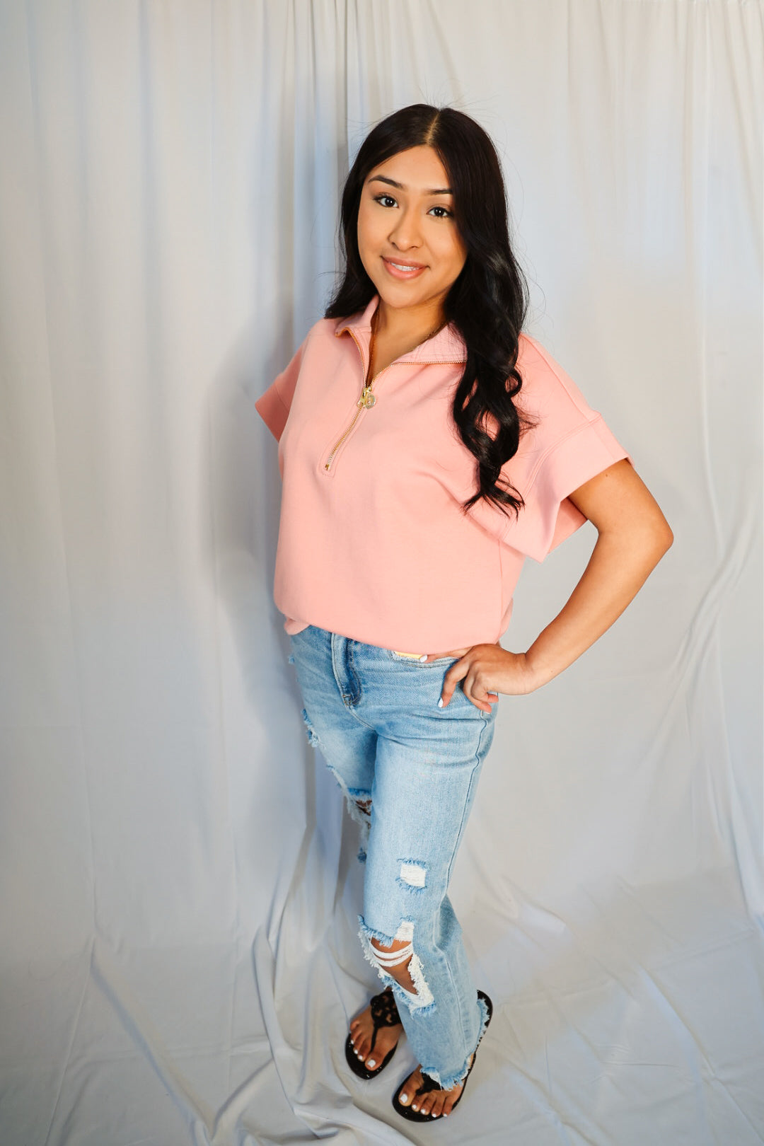 Tan Rose Scuba High Neck Half-Zip Short Sleeve Pullover