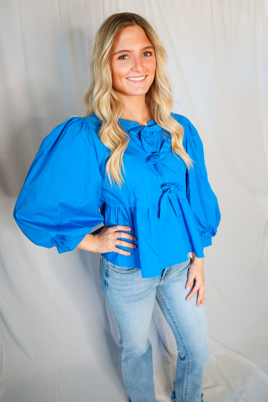 Chic and Sweet Bow Tie Peplum Top - Cobalt Blue