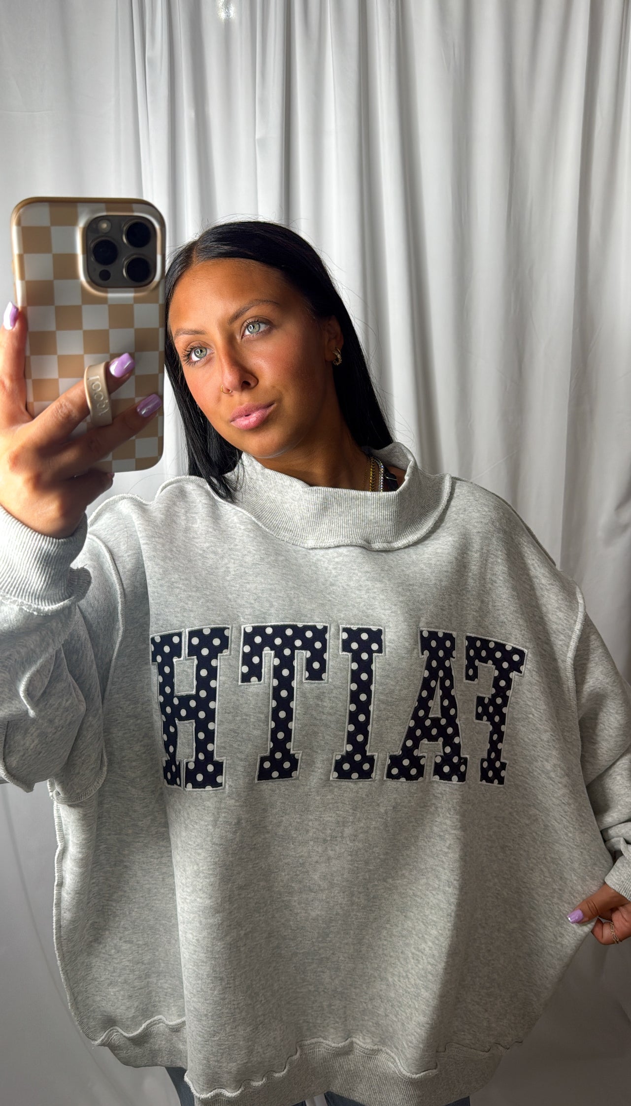 FAITH Embroidered Polka-Dot Mock Neck Sweatshirt