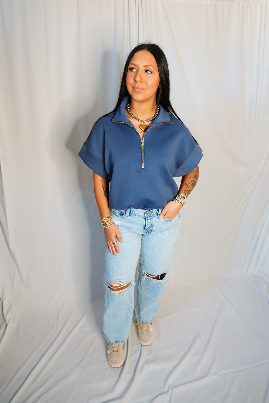 Blue Indigo Scuba High Neck Half-Zip Short Sleeve Pullover