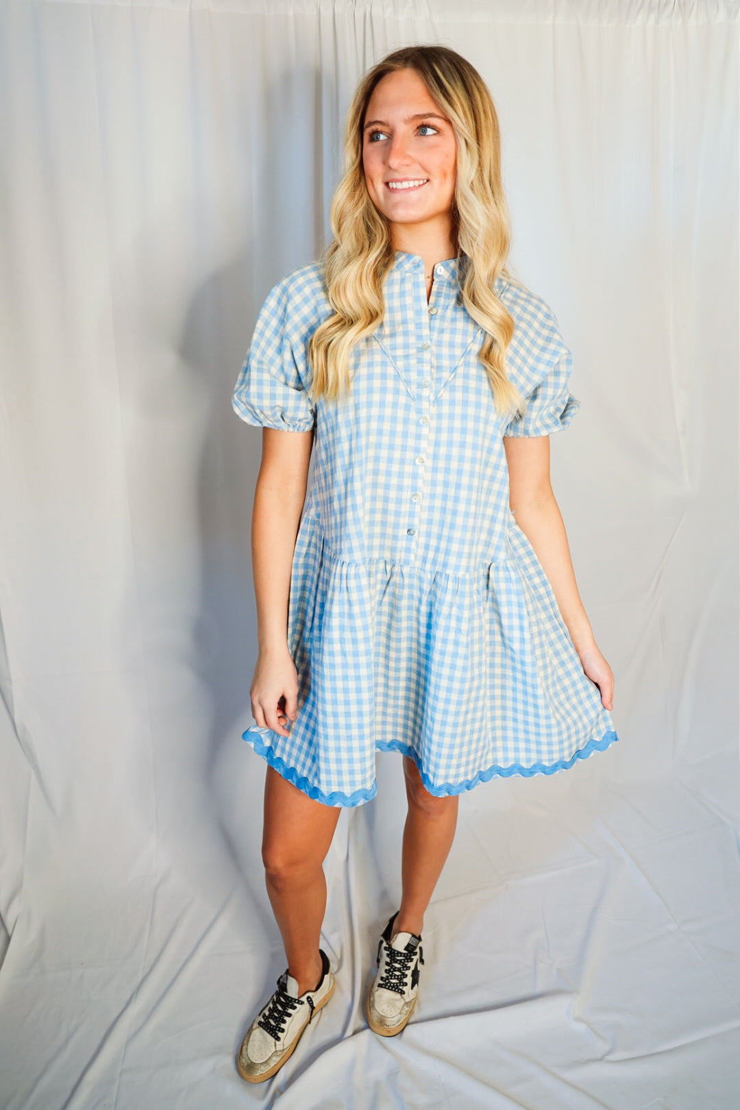 The Rachel Checkered Half Button Down Mini Dress