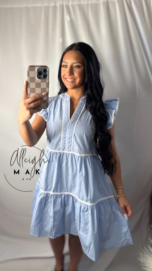 Ruffle Sleeve Tired Dress With Contrast Piping
