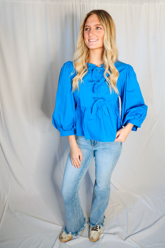 Chic and Sweet Bow Tie Peplum Top - Cobalt Blue