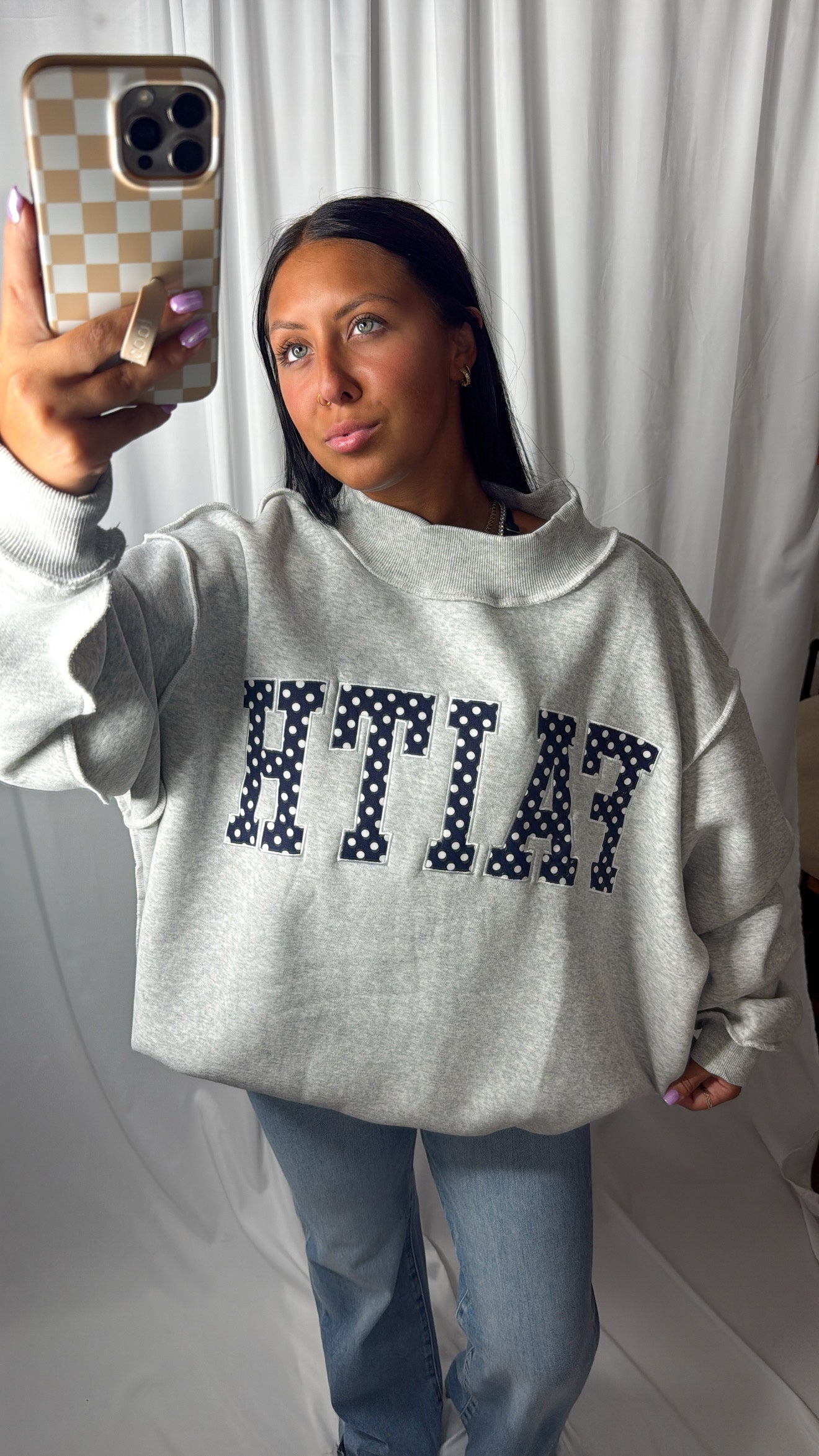 FAITH Embroidered Polka-Dot Mock Neck Sweatshirt
