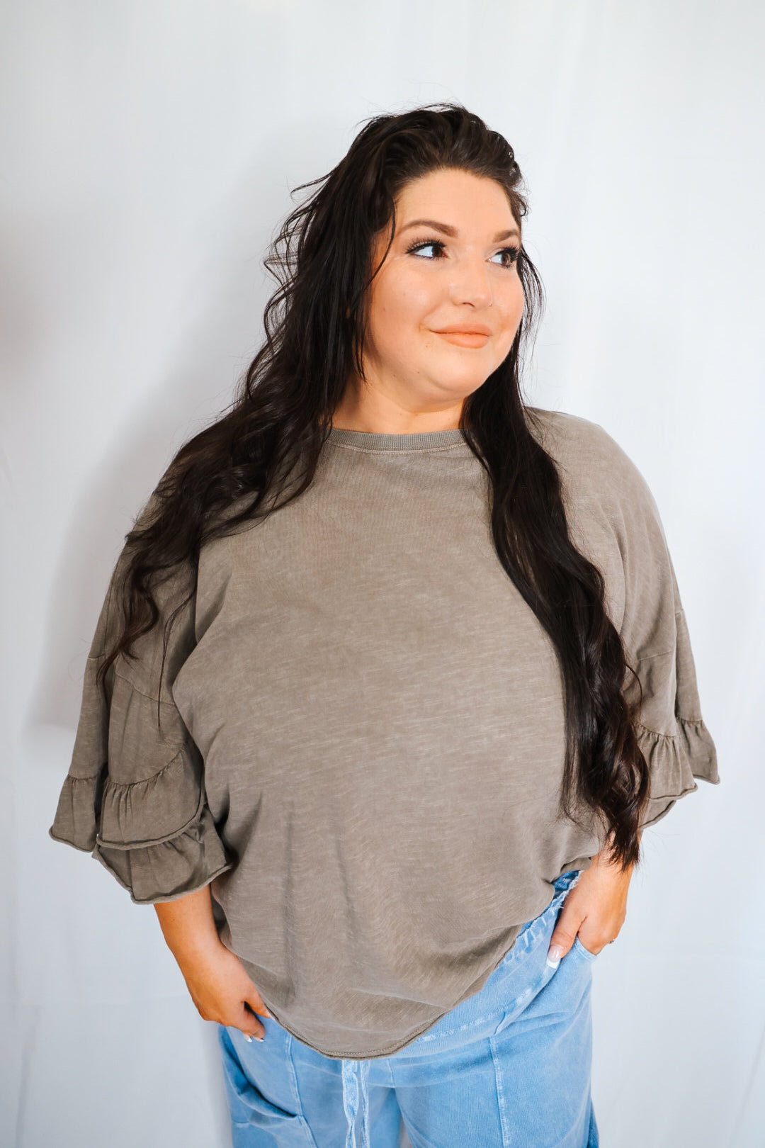 Ash Mocha Ruffle Wing Sleeves Mineral Washed Top