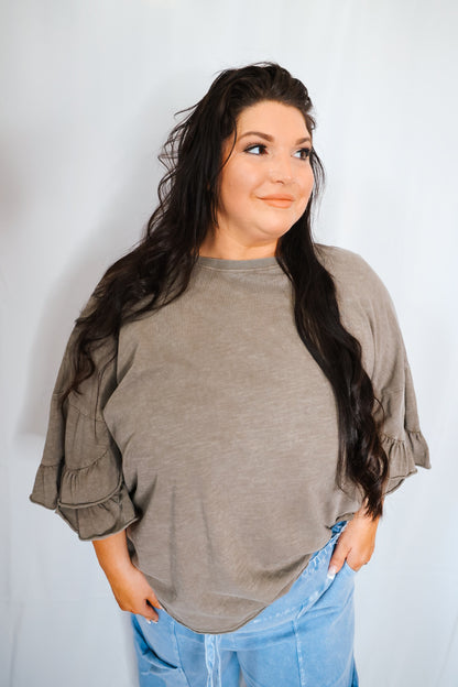 Ash Mocha Ruffle Wing Sleeves Mineral Washed Top