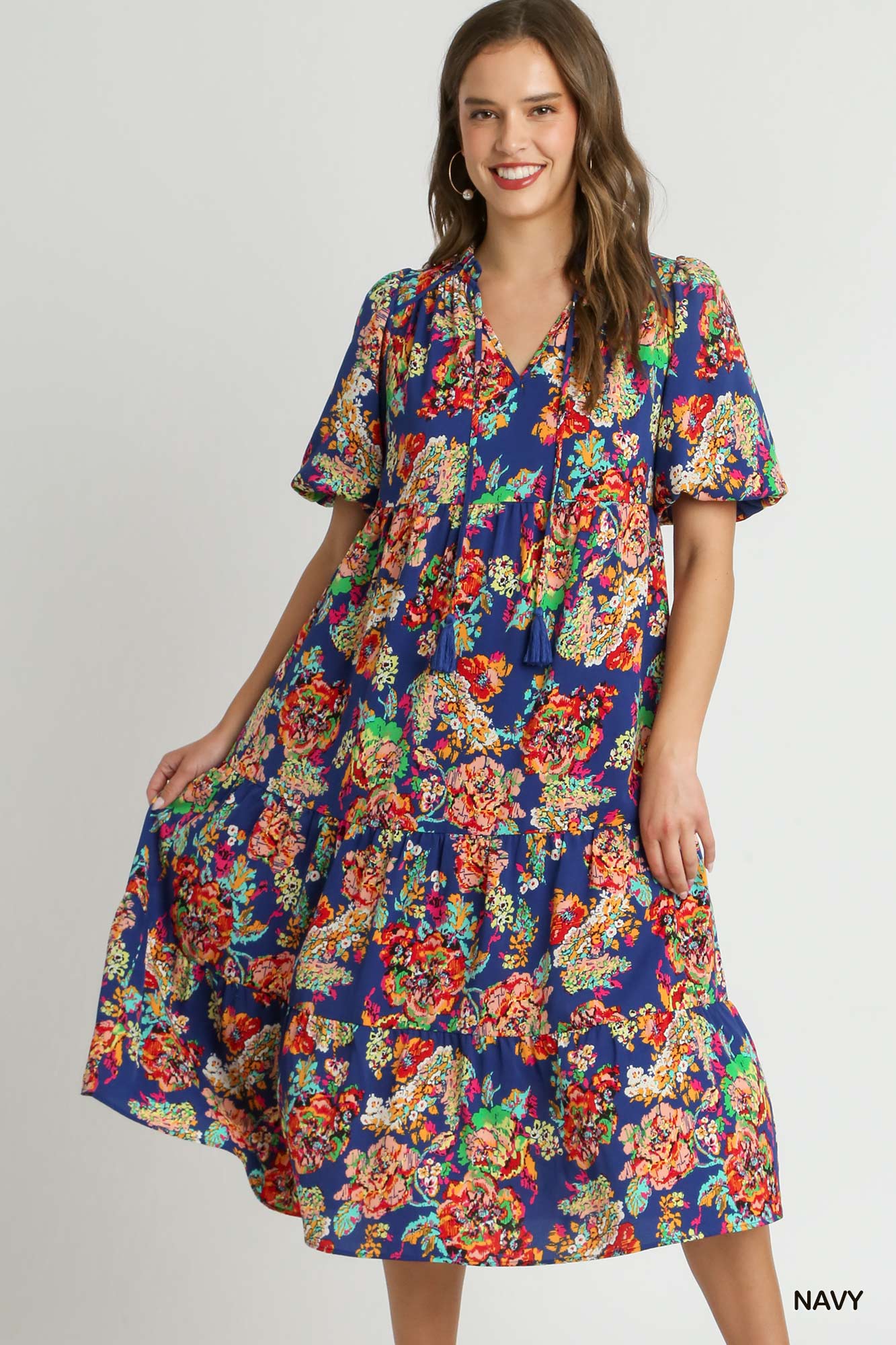 Floral Print A-Line Midi Dress with Tassel Tie