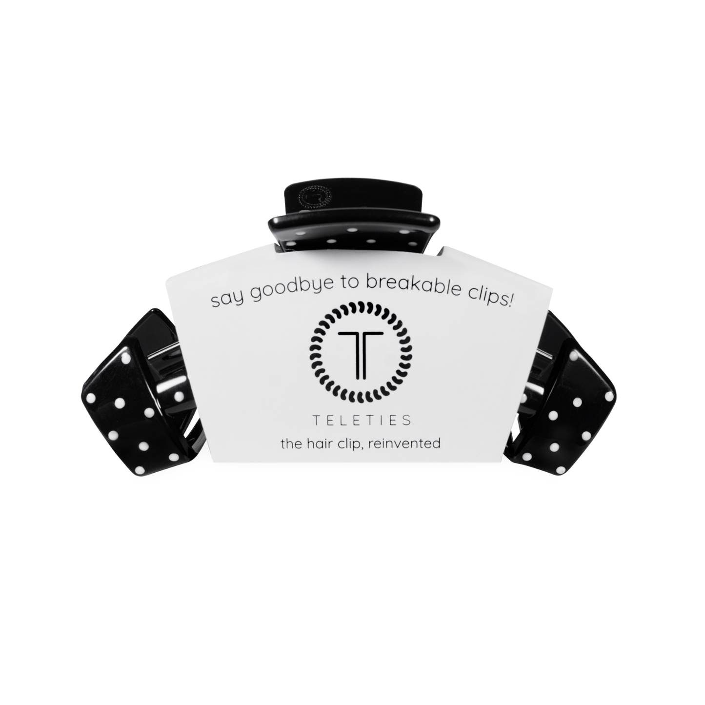 Black hair clip with Teleties branding on a white background