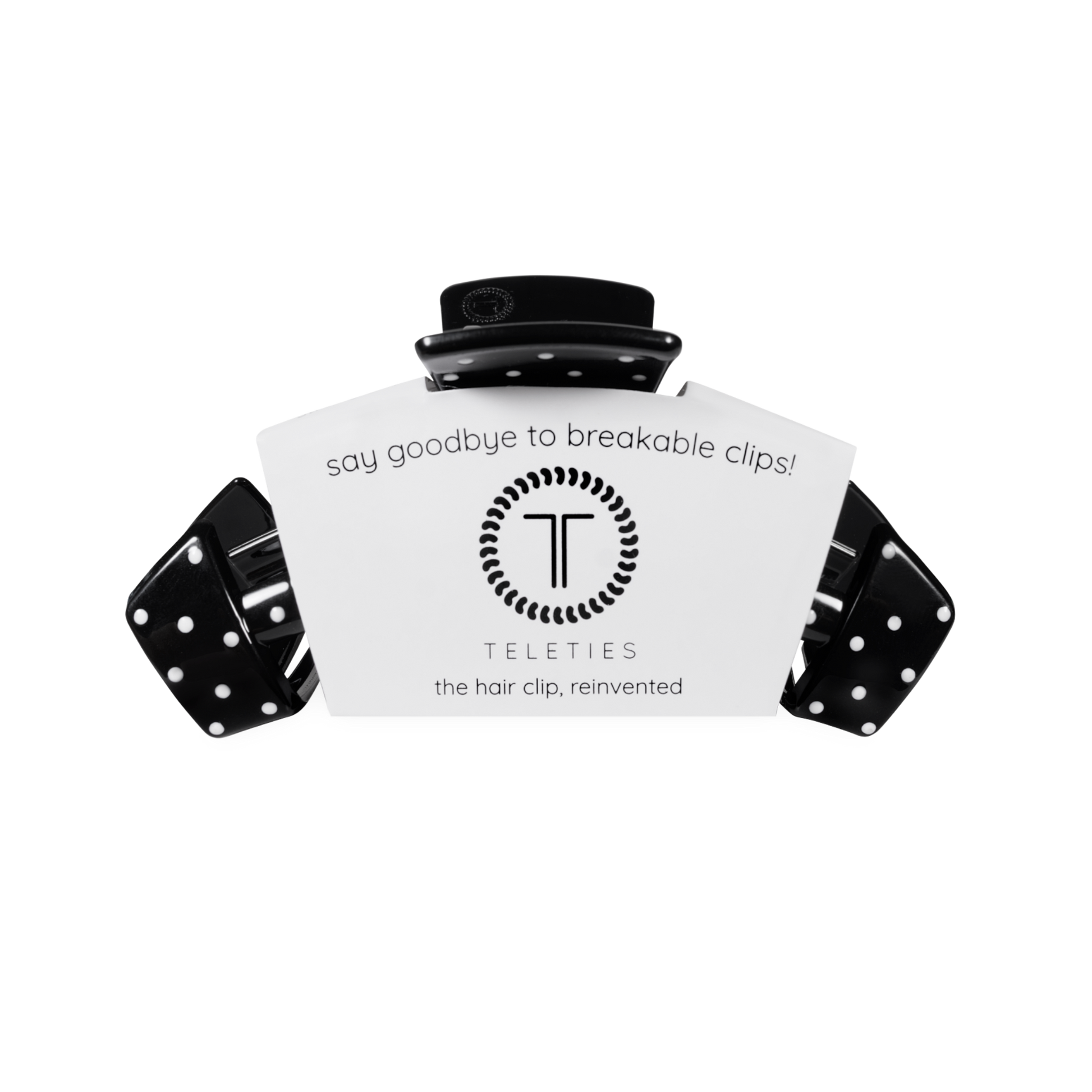 Black hair clip with Teleties branding on a white background