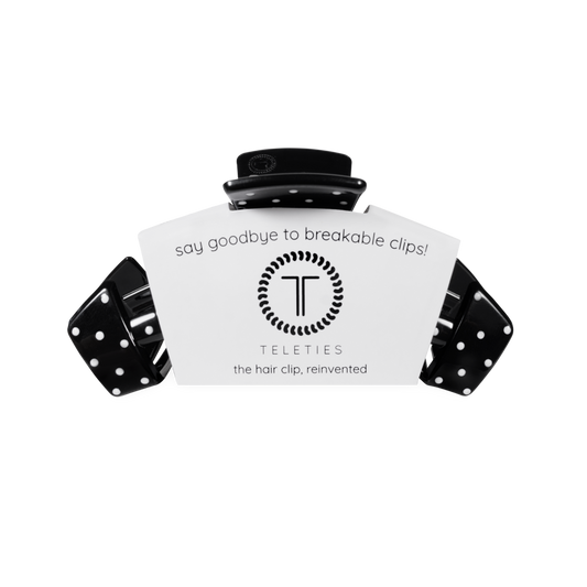 Black hair clip with Teleties branding on a white background
