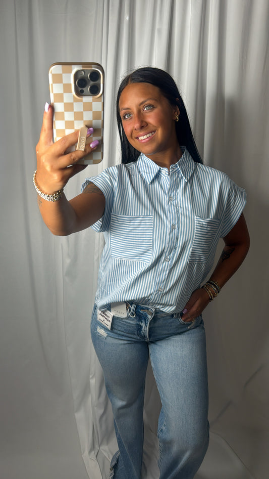 Women's light blue and white striped short sleeve button down shirt with chest pocket