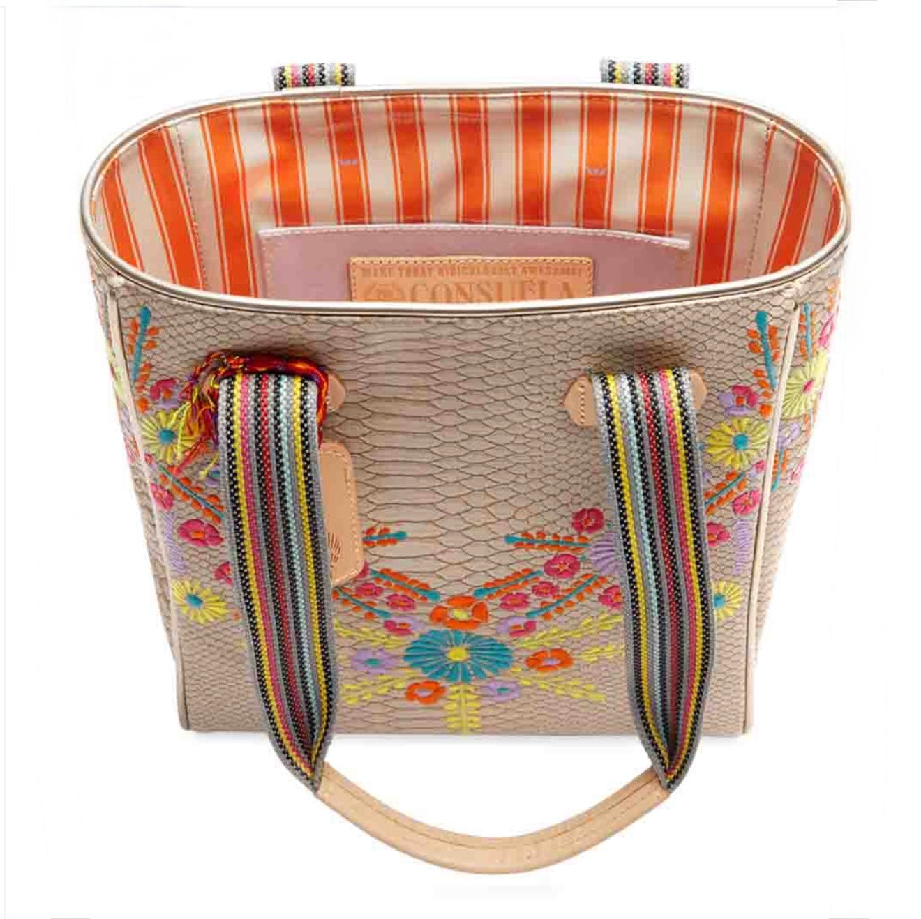 Colorful tote bag with floral embroidery and striped interior on a white background