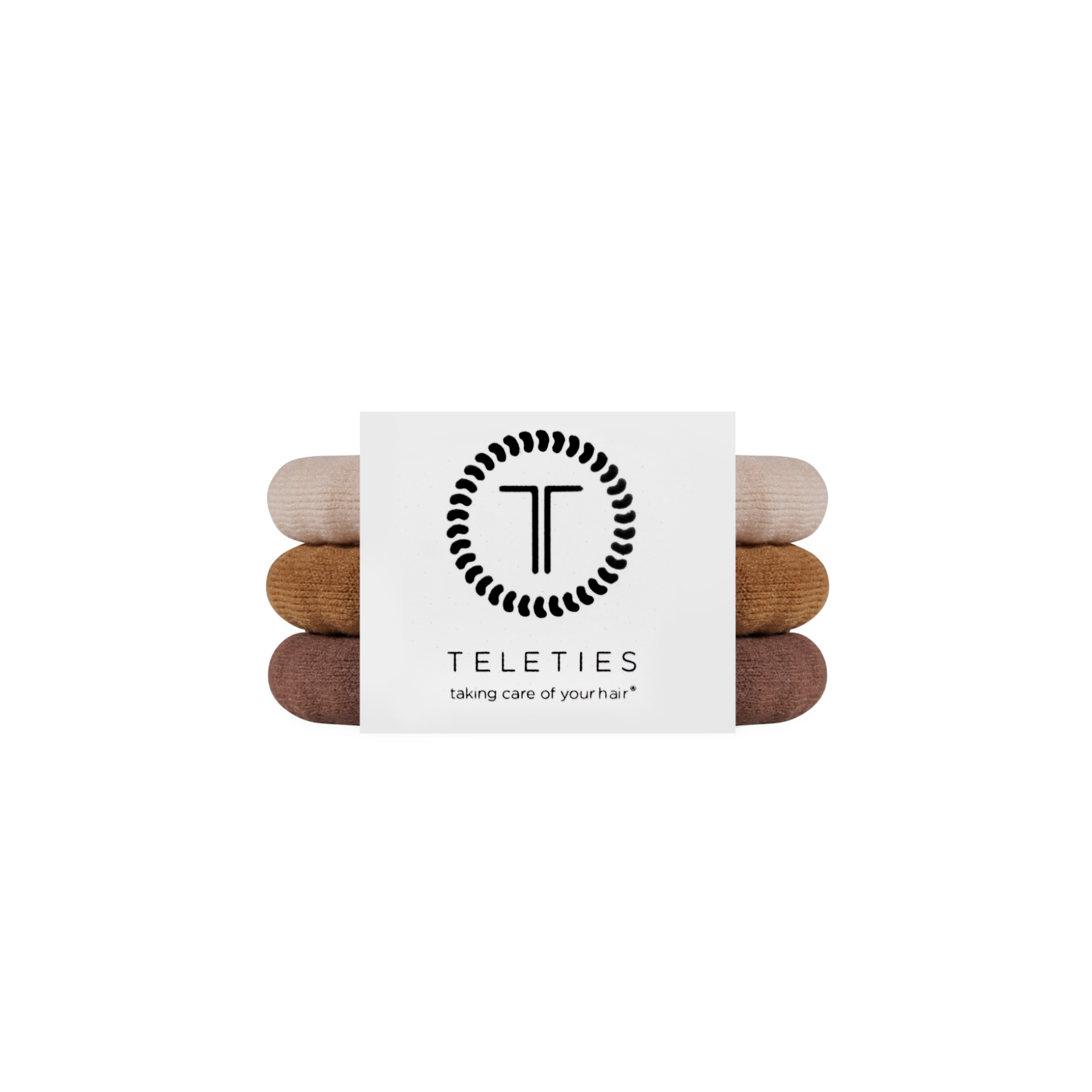 Stack of hair ties with a Teleties branded card on a white background