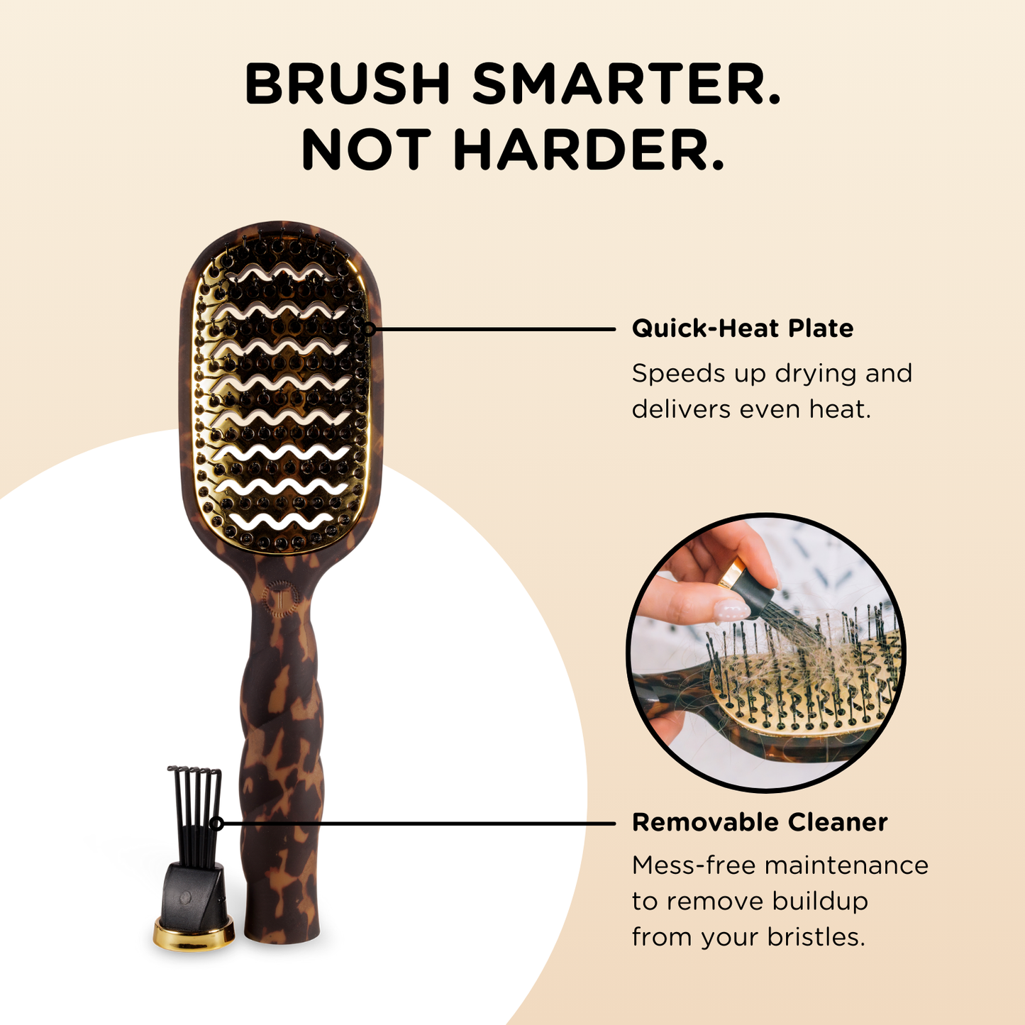 Hairbrush with features highlighted on a beige background