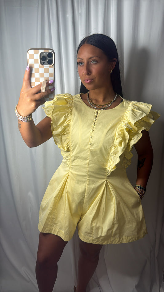 Butter yellow ruffle sleeve romper with pockets 