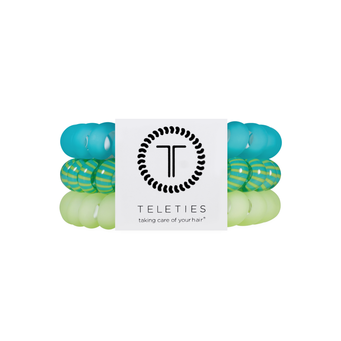 Set of green and blue hair ties with Teleties branding on a white background