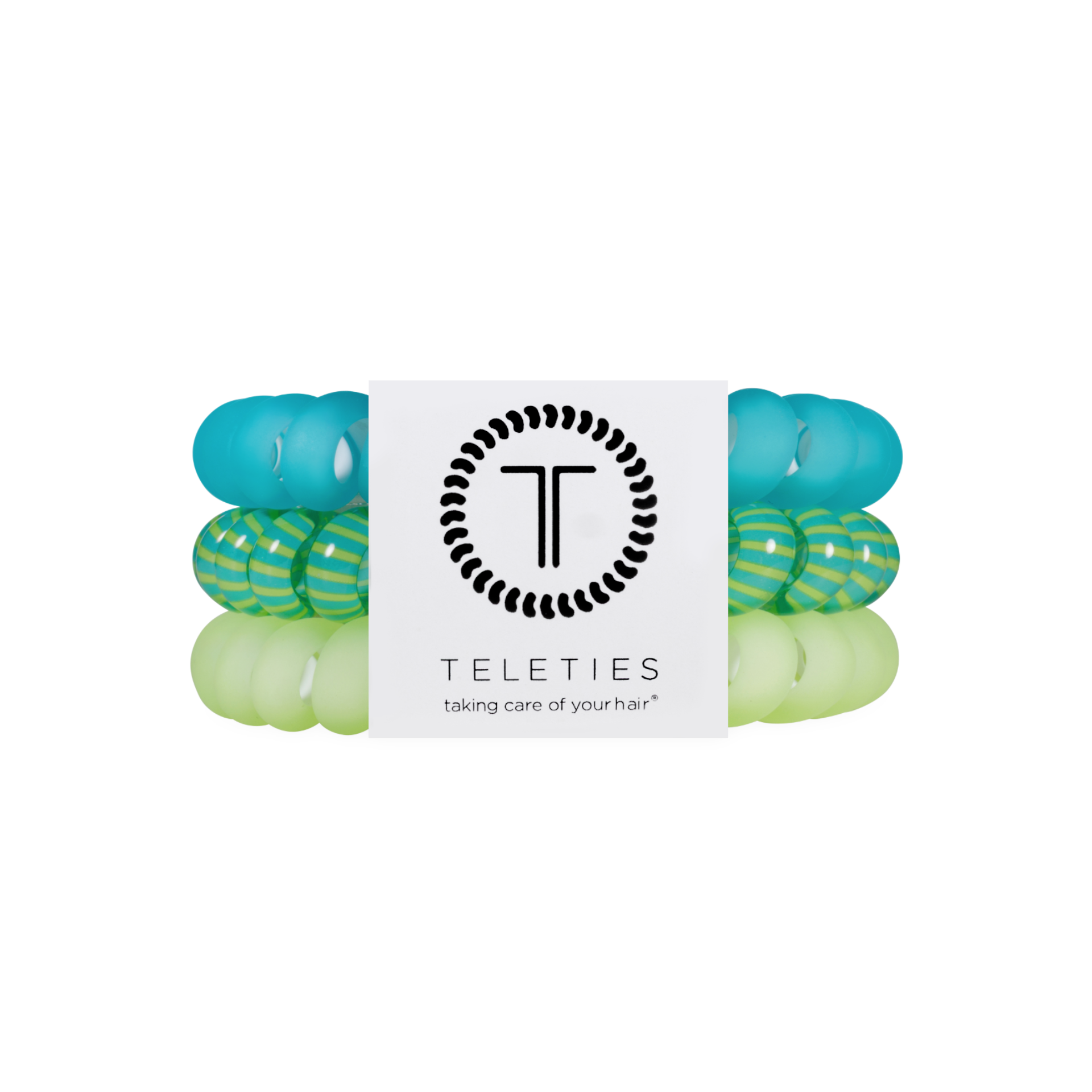 Set of green and blue hair ties with Teleties branding on a white background