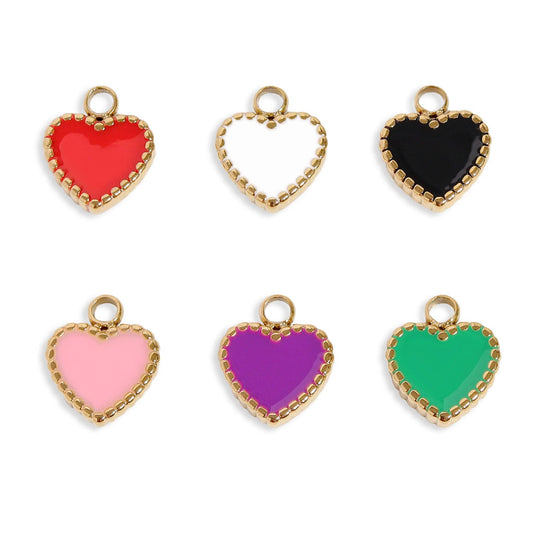 Set of colorful heart-shaped pendants with gold frames on a white background