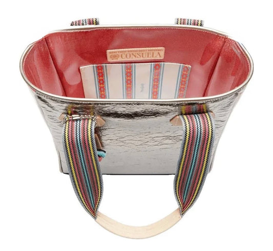 Handbag with a colorful strap on a white background