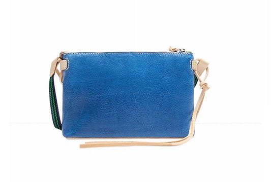 Blue clutch bag with a strap on a white background
