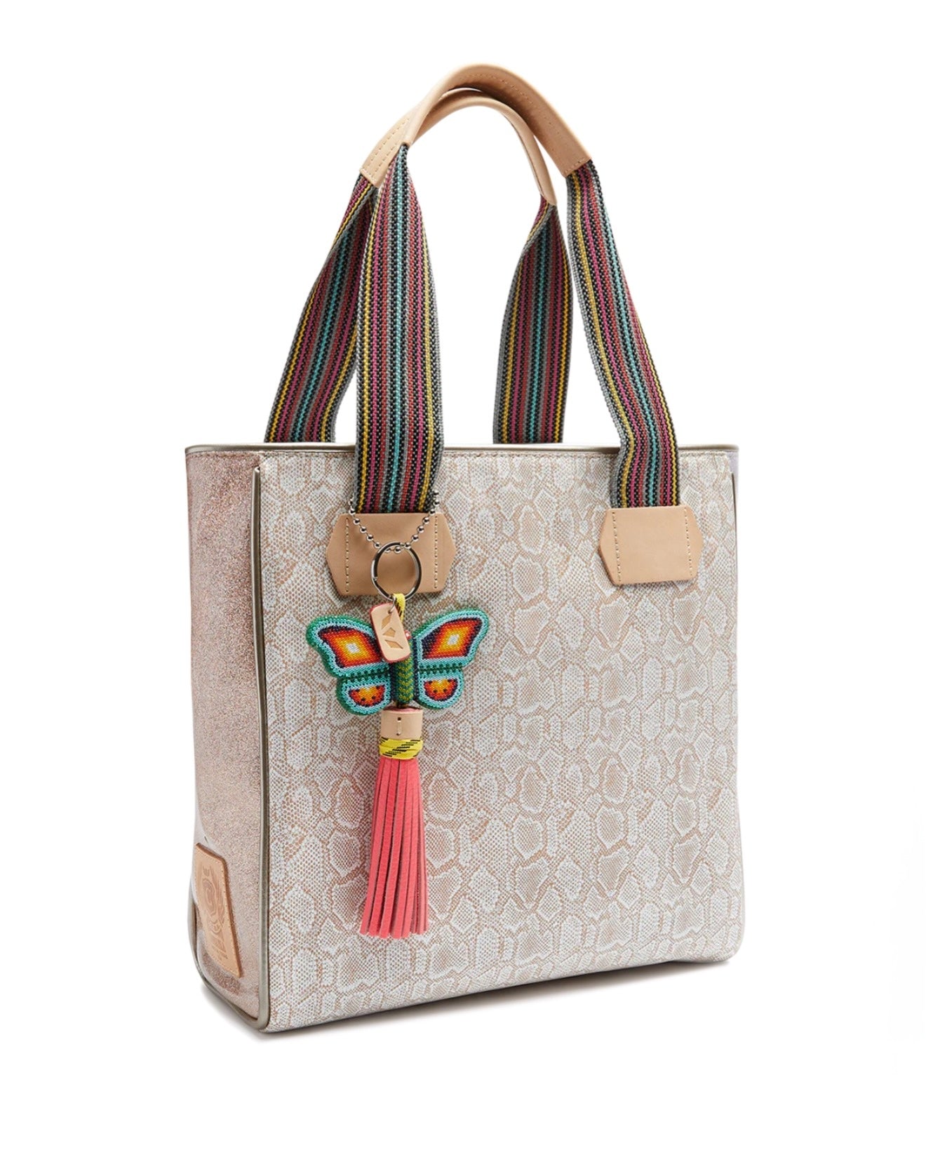 Consuela tote bag with multicolor straps and butterfly tassel charm