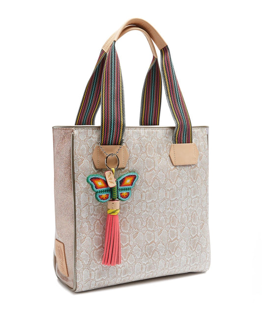 Consuela tote bag with multicolor straps and butterfly tassel charm