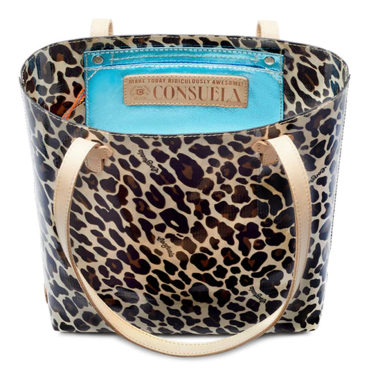 Leopard print handbag with a blue interior and Consuela branding.
