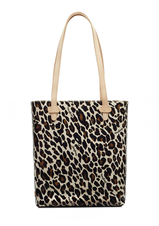 Leopard print tote bag with beige handle on a white background