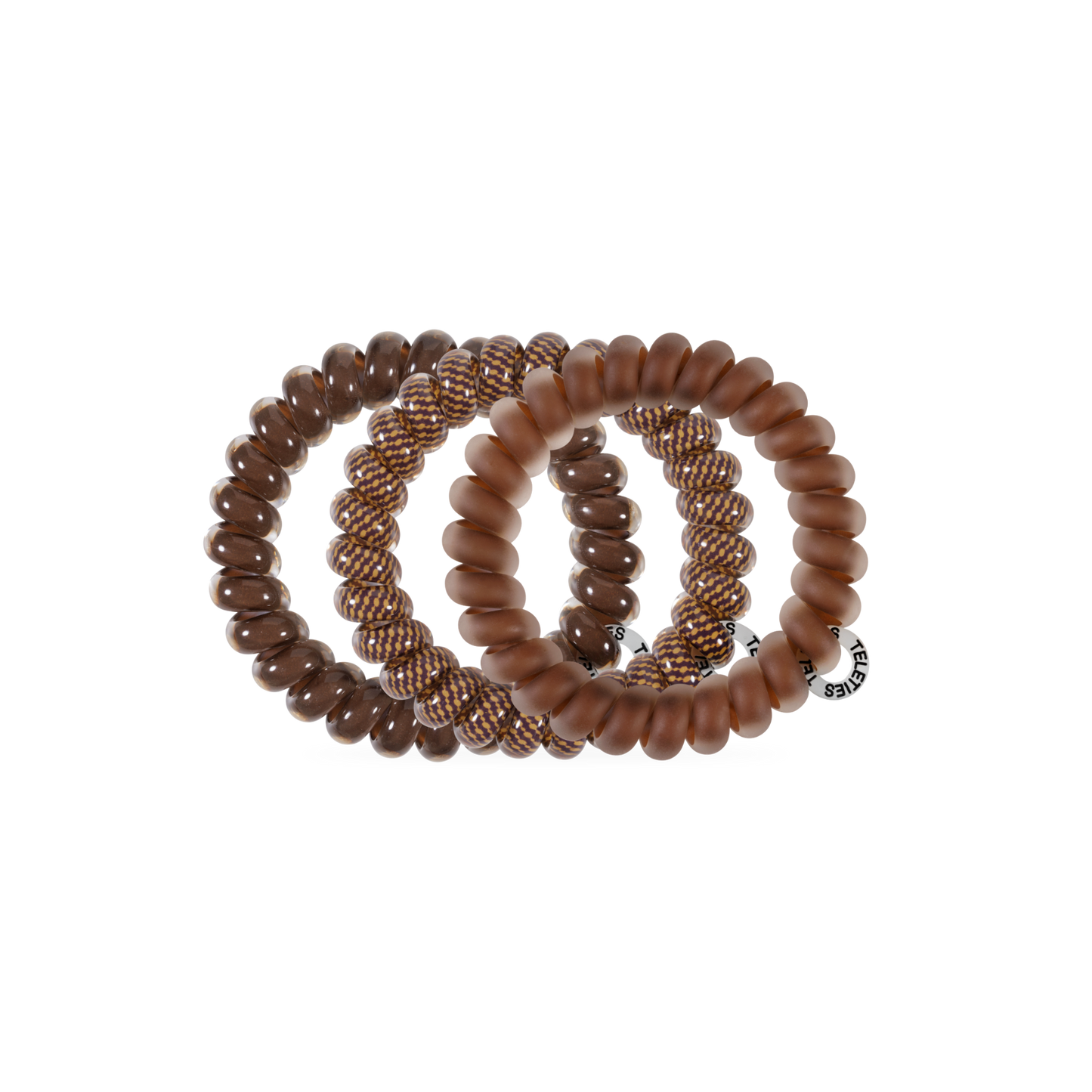Set of three brown hair ties on a white background