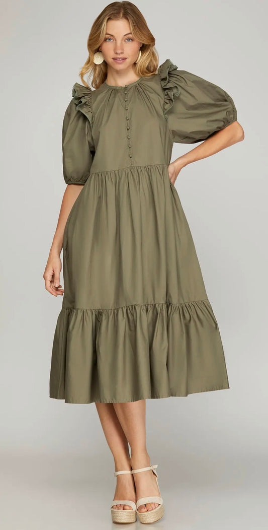 Ruffle Sleeve Tiered Midi Dress w/ Button Detail