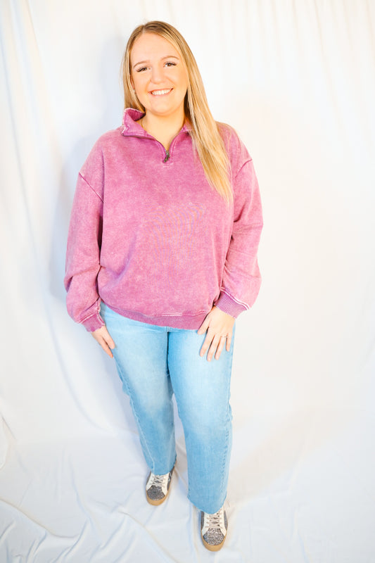 Plus Acid Wash Fleece Half Zip Pullover - Lt. Plum